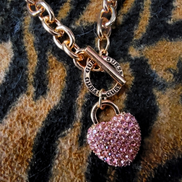 GUESS Gold Chain with Pink Heart Pendant - Picture 1 of 2